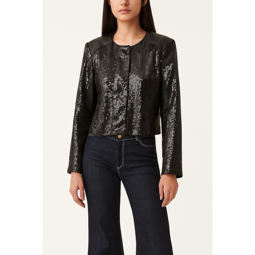 FC | Vegan Leather Sequin Coat Boxy Cropped Moto Jacket